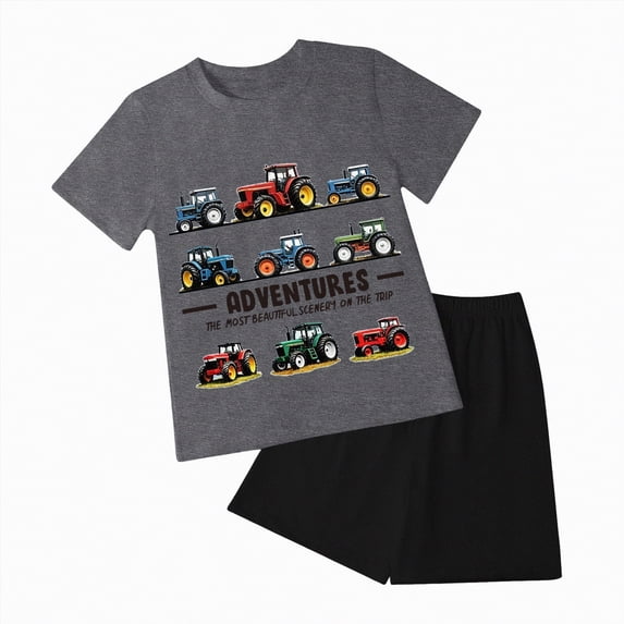 Leey-World Toddler Boy Summer Outfits Baby Boy Print Short Sleeves T-Shirt Plaid Shorts Set Infant Boy Clothes Set Boys Outfit Sets Size 8(Grey,6-7 Years)
