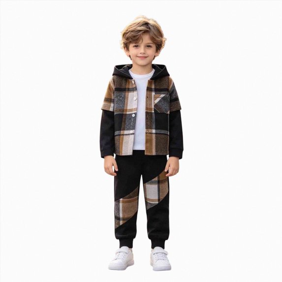 Leey-World Toddler Boys Clothes 2T 3T 4T 5T 6T 7T Boys Plaid Hoodie Button Top & Sweatpants Set 2Pcs Fall Winter Outfits for Toddler Little Kids