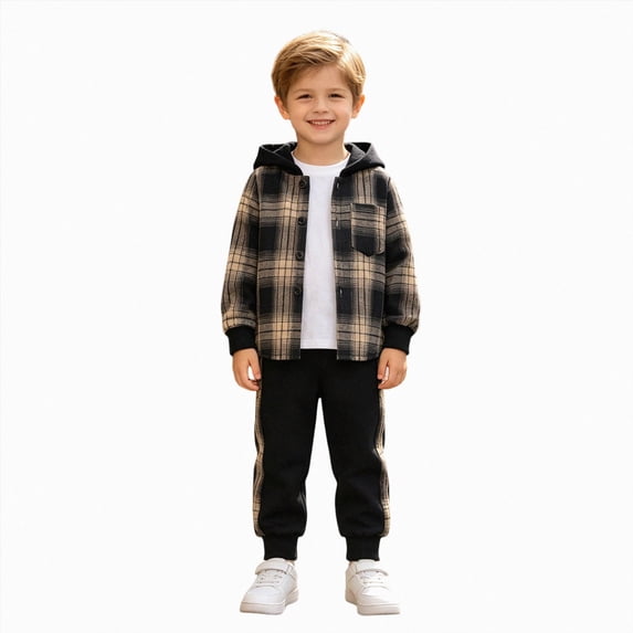 Leey-World Toddler Boys Clothes 2T 3T 4T 5T Boys Plaid Hoodie Button Top & Sweatpants Set 2Pcs Fall Winter Outfits for Toddler Little Kids
