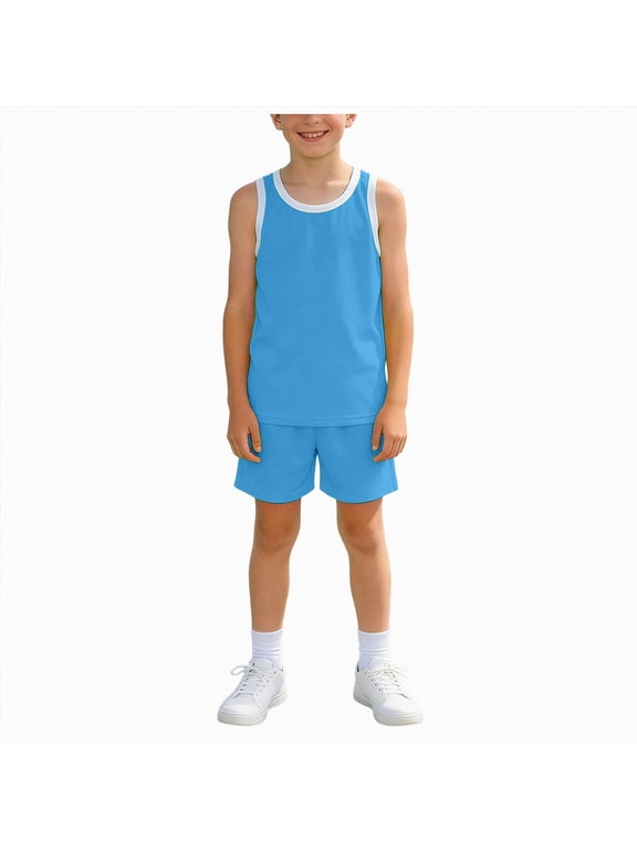 Toddler Boys Outfit Sets Summer Kids Basketball Jersey Set 2 Piece Sleeveless Basketball Shirt & Shorts for Boys Training Athletic(Blue,7-8 Years)