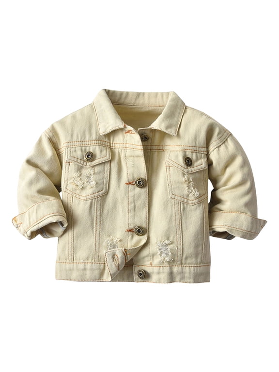 Toddler Boys Winter Coats Toddler Baby Boys Girls Denim Jacket Casual Outerwear Clothing Distressed Jean Jacket Top Cowboy Autumn Spring Coat(Beige,6-12 Months)