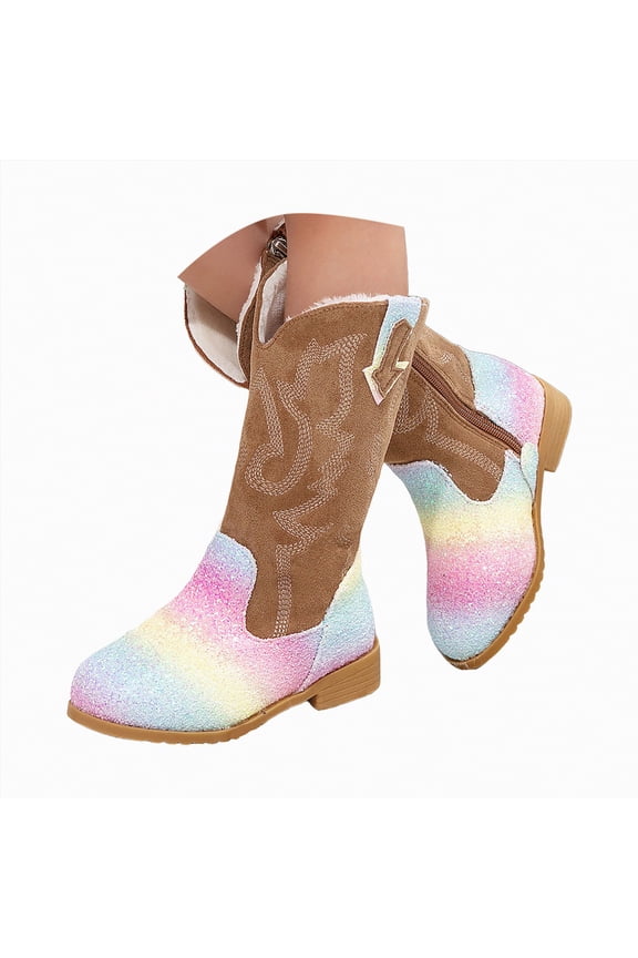 Toddler Cowgirl Boots Girl's Rhinestone Round Toe Knee High Low Heel Boot(Khaki,9)