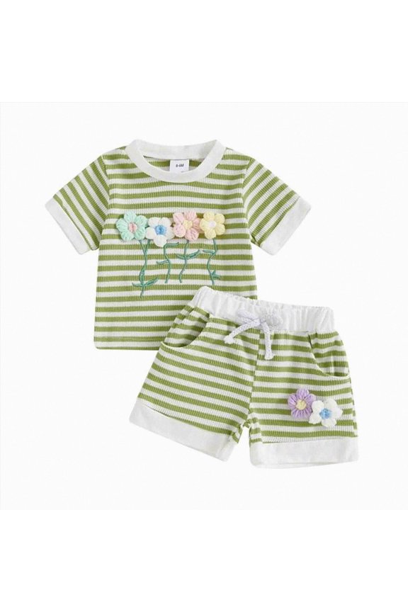 Toddler Girl Bow Ribbed Outfit Ruffle Short Sleeve T-shirt Shorts 2 Piece Spring Summer Cute Casual Clothes Set(Green,3-4 Years)