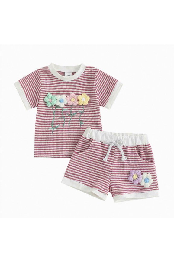 Toddler Girl Bow Ribbed Outfit Ruffle Short Sleeve T-shirt Shorts 2 Piece Spring Summer Cute Casual Clothes Set(Red,2-3 Years)