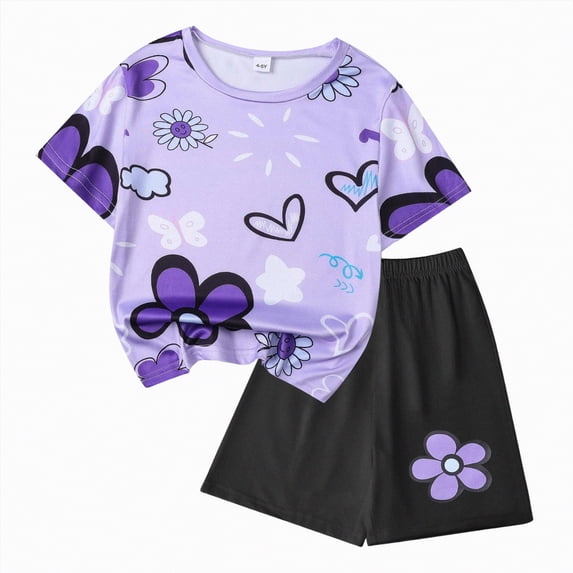Leey-World Toddler Girl Clothes Floral Printed Top and Shorts Outfits 2Pcs Little Girls Clothing Set Size 3-7 Years(Purple,6-7 Years)