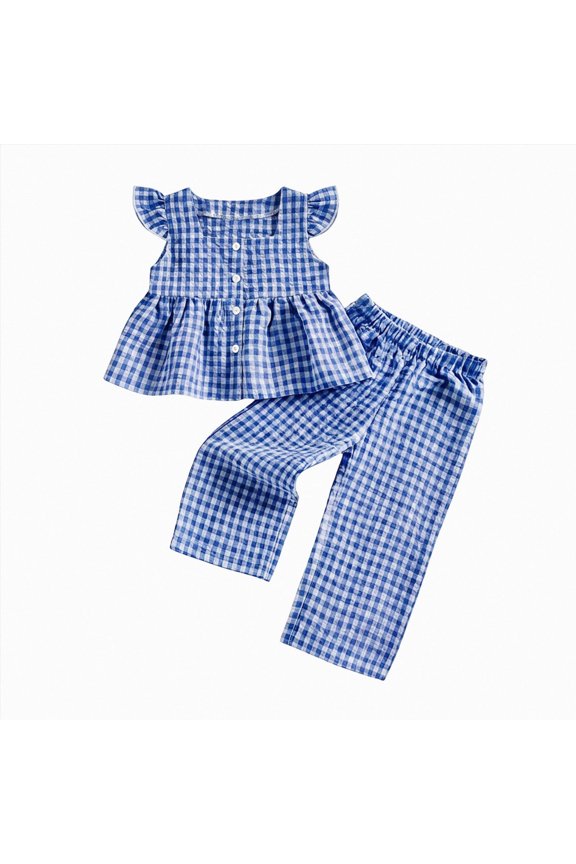 Toddler Girl Summer Outfit Toddler Girl Summer Clothes Baby Spring Outfits Gingham Plaid Ruffle Sleeveless Vest Tank Top and Pants Set 2Pcs(Blue,2-3 Years)