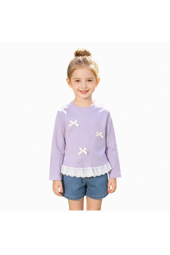 Toddler Girls Long Sleeve Tops Girl's Cute Bow Sweatshirt Lace Trim Long Flounce Sleeve Pullover Tops(Purple,7-8 Years)