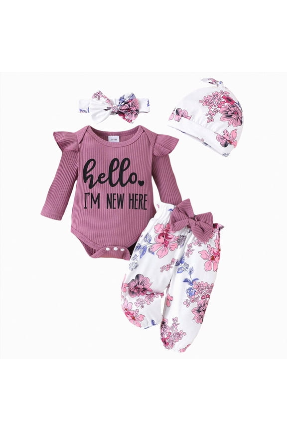 Toddler Girls Outfits Hello World Newborn Outfit Baby Girl Going Home Outfit Ruffle Ribbed Romper Top Floral Pants Set Cute Summer Clothes(Purple,0-1 Months)