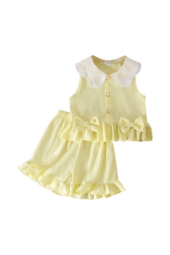 Toddler Girls Summer Outfits Sleeveless Button Up Dress Tops Doll Collar Plaid Short Spring Kids Girl Clothes(Yellow,5-6 Years)
