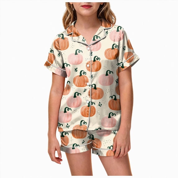 Leey-World Toddler Halloween Pjs Girls Satin Pajamas Set Button Down Silk 2 Piece Pj Sets Ruffle Short Sleeve Sleepwear
