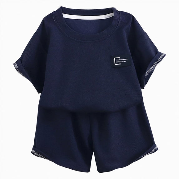 Leey-World Toddler Kid Boy Clothes Colorblock Letter Graphic Tee Shorts 2PC Summer Outfit Set Boys Outfit(Navy,18-24 Months)