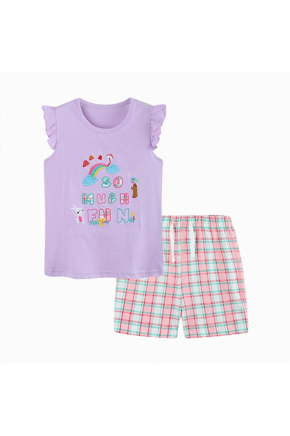Toddler Outfits Girls Girls 2-Piece Outfit, Cotton Ruffle Sleeve Giraffe Print T-Shirt & Shorts Set, 2-7 Years Kids Summer Clothes(Purple,6-7 Years)