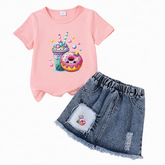 Leey-World Toddler Outfits for Girls Short Sleeve T shirt Tops and Elastic Waist Denim Skirts swith Bowknot and Heart Print Girls Outfit Set(T,3-4 Years)