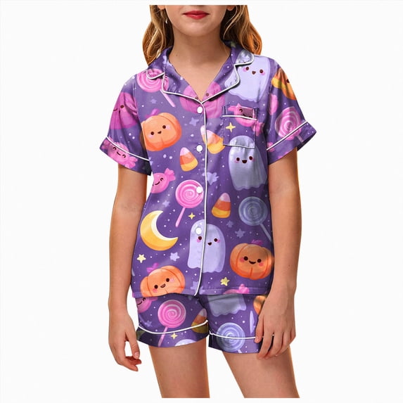 Leey-World Toddler Pajamas Girls Halloween Sets Sleeping Pants Cute Print Home Short Sleeve Shorts Pajama Set Full Suit Clothes
