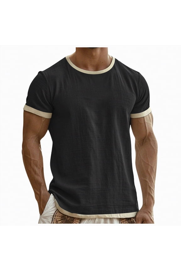 Tshirt Men Men's T-Shirts Short Sleeve Knit Shirts Casual Crewneck Ribbed Dress Tee Shirt(Black,L)
