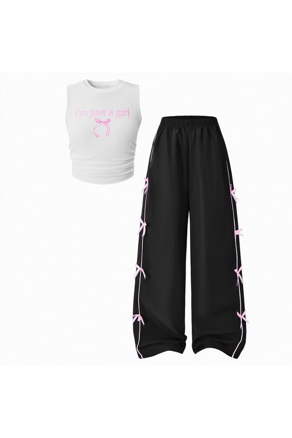 Tween Girls Spring Fall Summer Clothes 2 Piece Outfit Set T-Shirt Top + Cargo Pants Teen Girl School Clothing Set Size 8-12Y(White,10-11 Years)