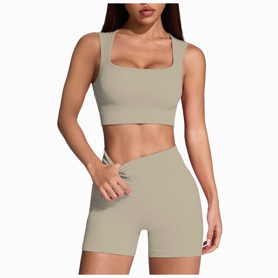 Leey-World Two Piece Casual Workout Sets for Women Athletic 2 Piece Summer Outfits Lounge Matching Sets Clothing(Khaki,L)