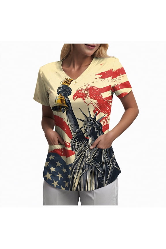 USA Flag Shirts for Women: Vintage American Flag Graphic Tshirts 4th of July Tees Patriotic Blouse Tops 4th Of July Outfits for Women(Beige,2XL)