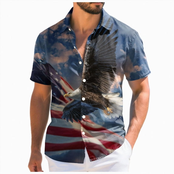 Leey-World V-Neck T-Shirts Men, 250 Years America Short Sleeve Button Up USA Memorial Day Shirts(Dark Blue,L)