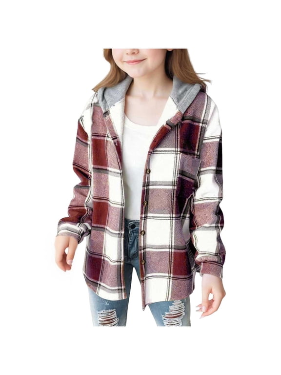 Winter Coats For Toddler Girls Plaid Jacket for Teen Girls Fleece Flannel Plaid Button down Shirt Jackets Coats Long Sleeve Hooded Jackets 4-15 Years(Brick Red,14-15 Years)