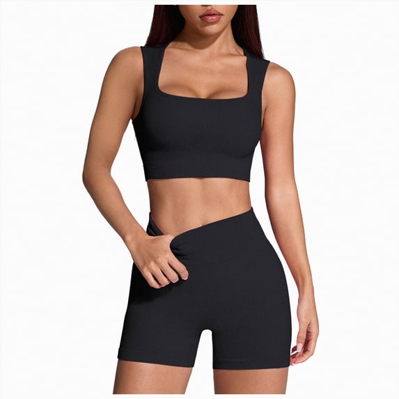 Leey-World Women 2 Piece Workout Sets High Waisted Tummy Control Biker Shorts Halter Padded Tank Tops(Black,S)