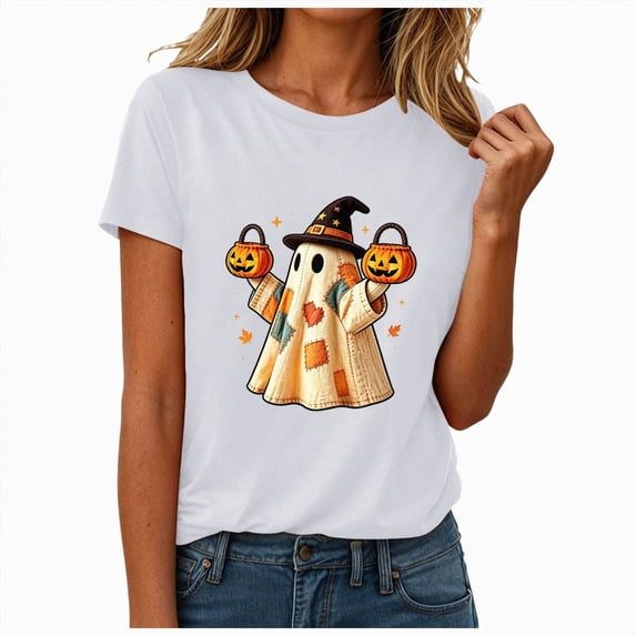 Leey-World Women Halloween Tshirt Spooky Season Women Fall Halloween Doodles Shirt Funny Family Party Celebration Short Sleeve Tee Pumpkin Graphic Thanksgiving Tops