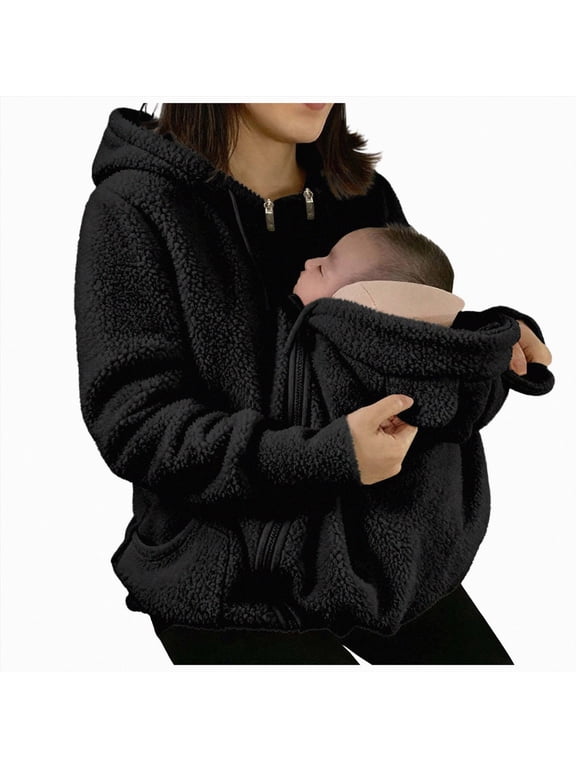 Women Hooded Sweatshirt Fleece Zip Up Baby Wearing Jacket Maternity Winter Coat Thicken Baby Wearing Clothes