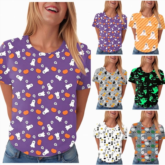 Leey-World Women'S Halloween Shirts Women Halloween Bleached Shirt Leopard Plaid Pumpkin Graphic Tees Casual Fall Tops(Green,S)