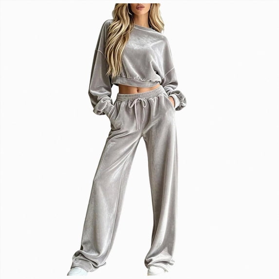 Leey-World Women Set Outfit Women Fall Clothes Winter Solid Color Long Sleeve Pullover Crop Top and Wide Leg Pants Lounge Set Travel Outfits for Women