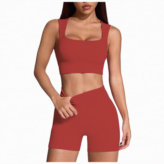 Leey-World Women Workout Sets Padded Sports Bra High Waisted Shorts Outfits(Red,M)