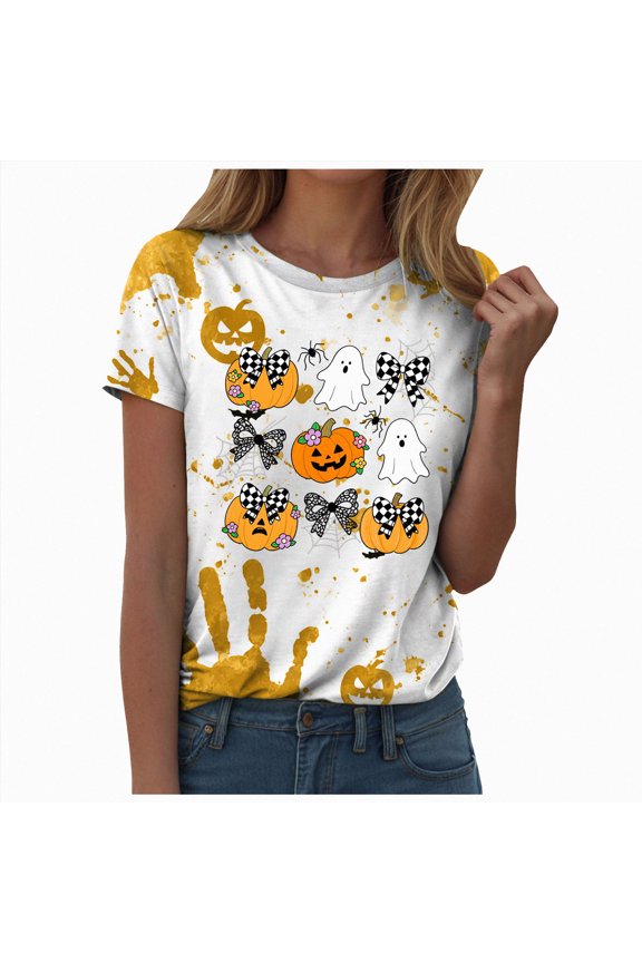 Womens Halloween Shirts Ladies Fashion Halloween Print Crew Neck Short Sleeve T Shirt Top(Yellow,L)