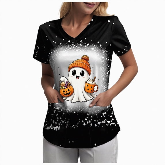 Leey-World Womens Halloween T Shirts Halloween Scrub Tops Women Short Sleeve Medical Nursing Uniform with Pocket(Dark Gray,XL)