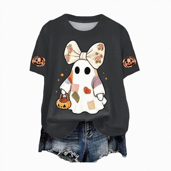 Leey-World Womens Halloween Tshirts Women Halloween Ghost Shirts Fall Pumpkin Shirt Funny Graphic Tees Halloween Party Clothes Vintage Short Sleeve Tops
