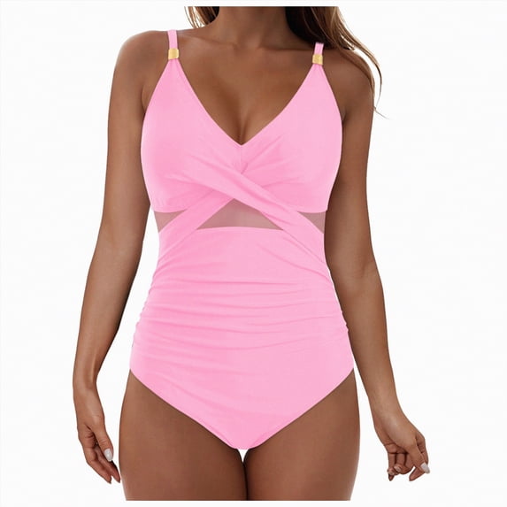 Leey-World Womens One Piece Swimsuit Tummy Control Bathing Suit Gold Metal Tie Knot 2026 Swim Dress One Piece Swimsuit Women(Pink,2XL)
