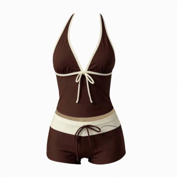 Leey-World Y2k Bikini Set Cute Polka Dot Tankini Y2k Bathing Suit 2000s Halter Top Swimsuit 2 Piece Grunge Vintage Bikini(Brown,S)
