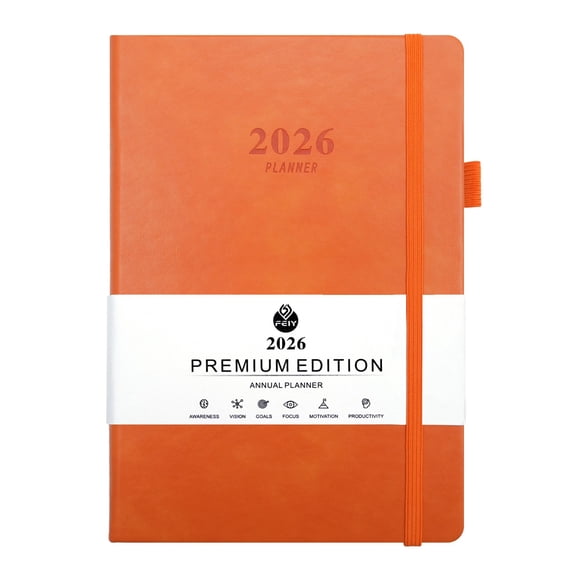 Leeye 2026 Weekly & Monthly Planner, A5 Hardcover Leather Diary Schedule Book, English Calendar Planner for Work Study Home, Orange
