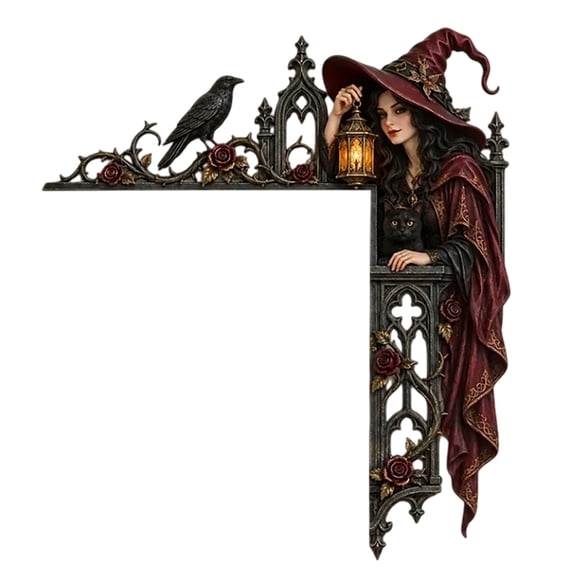 Leeye 2D Flat Wooden Witch Door Corner Gothic Crow Rose L Shaped Topper Halloween Wall Sign for Home Light Black 20cm 1pc
