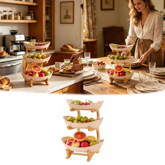 Leeye 3 Tier Oval Fruit Basket Stand, Tiered Fruit Bowl Organizer for Kitchen Counter, Three Layer Fruit and Vegetable Storage Rack, Beige 13.8x9.8 inches