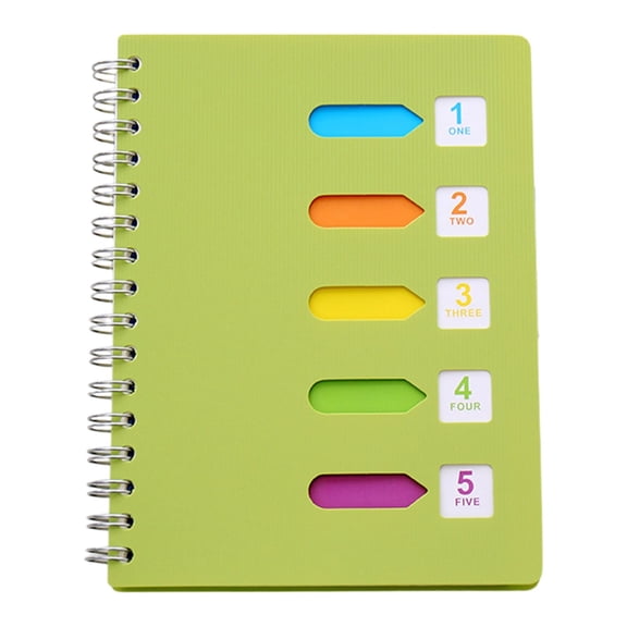 Leeye 5-Subject Spiral Notebook, Large A5 Notebook with 5 Colored Divider Tabs, 120 Pages, Double Wire Binding, Green