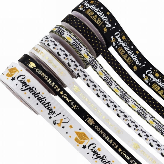 Leeye 6 Rolls 5 Yards Graduation Ribbon, 2024 Congratulations Ribbon for Gift Wrapping & Party Decor, White & Black Grad Ribbon