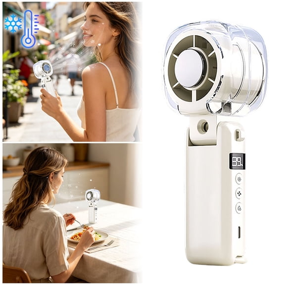 Leeye Beige Turbo Spray Fan, Handheld Ice Cooling Fan with LED Display, 16°C Instant Cooling Pocket Fan for Travel Makeup, 0.62lb