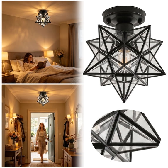 Leeye Black Star LED Ceiling Light, 3-Color Ambient Fixture with Transparent Cover for Bedroom