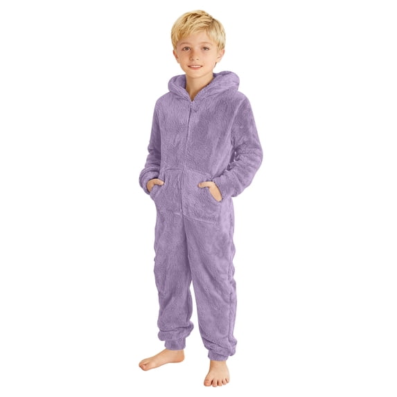 Leeye Boys Hooded Romper Jumpsuit Winter Warm Soft Lined Pajama Outfit Kids Playwear Lined Thick Light Purple 1pc Bodysuit