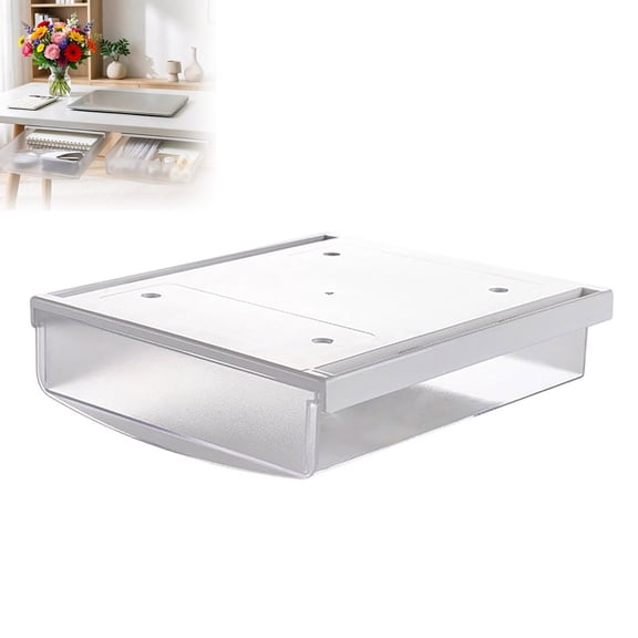Leeye Under Desk Drawer Storage, Self Adhesive Sliding Organizer Drawer, Hidden Under Cabinet Container for Kitchen Bathroom Office, Space Saving ABS , White, 9.45 x 8.27 x 3.15 in