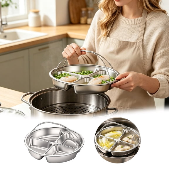 Leeye Divided Steamer Plate 5 Compartment 316 Stainless Steel Steamer Insert with Handle Flavor Separation Steaming Tray for Diet Meal Prep Silver 8.90x1.73in