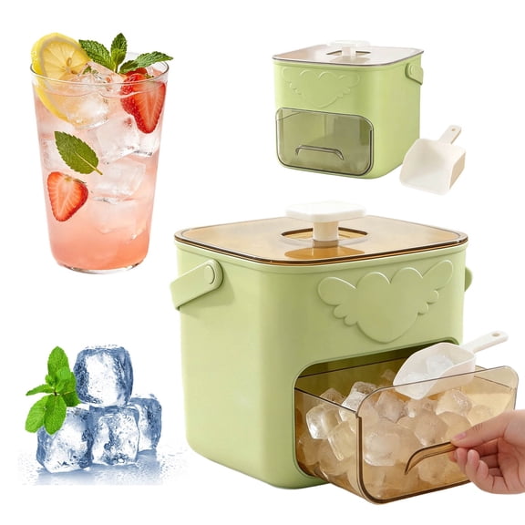 Leeye Double Layer Ice Cube Tray with Lid and Bin, 48 Cube One-Key Release Ice Maker for Freezer, Stackable Ice Tray with Scoop and Handle, Green