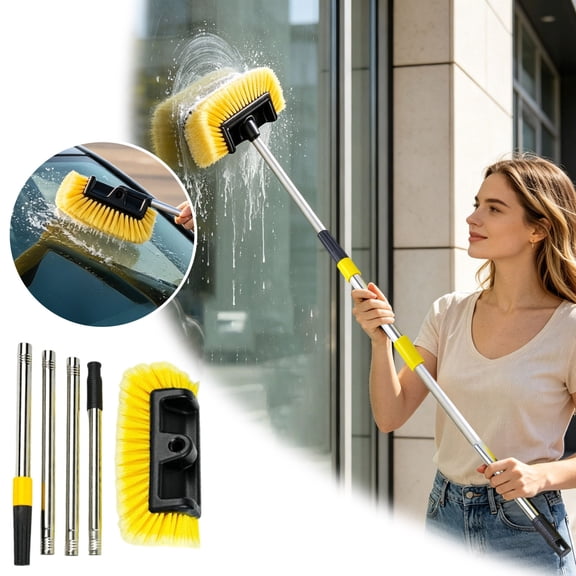 Leeye Extendable Cleaning Brush Long Pole Scrubber Telescopic Washing Brush 4 Section Adjustable Length Soft Bristle High Reach Tool for Windows Cars Yellow 47.24in