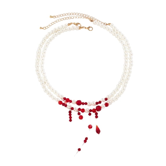 Leeye Halloween Pearl Choker Necklace, Gothic Dripping Imitation Pearl Necklace with Red Tassel, Vampire Jewelry for Halloween Party