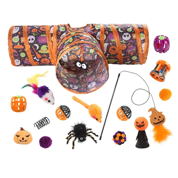 Leeye Halloween Cat Tunnel Toy Set Foldable, Collapsible Cat Tube with Feather Wand Balls Mice for Indoor Cats Kittens, Interactive Pet Play Kit