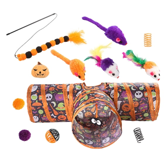 Leeye Halloween Cat Tunnel Toy Set Foldable, Collapsible Cat Tube with Feather Wand Balls Mice for Indoor Cats Kittens, Interactive Pet Play Kit
